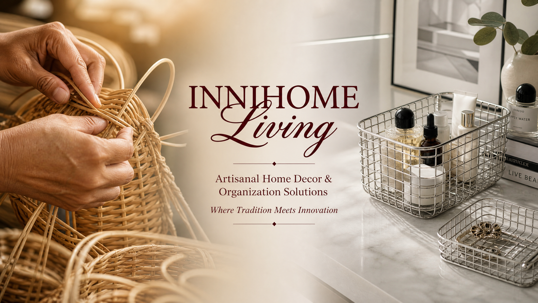 INNIHOME Living premium minimalist home organization solutions featuring artisanal hand-woven rattan pieces and modern stainless steel grid baskets.