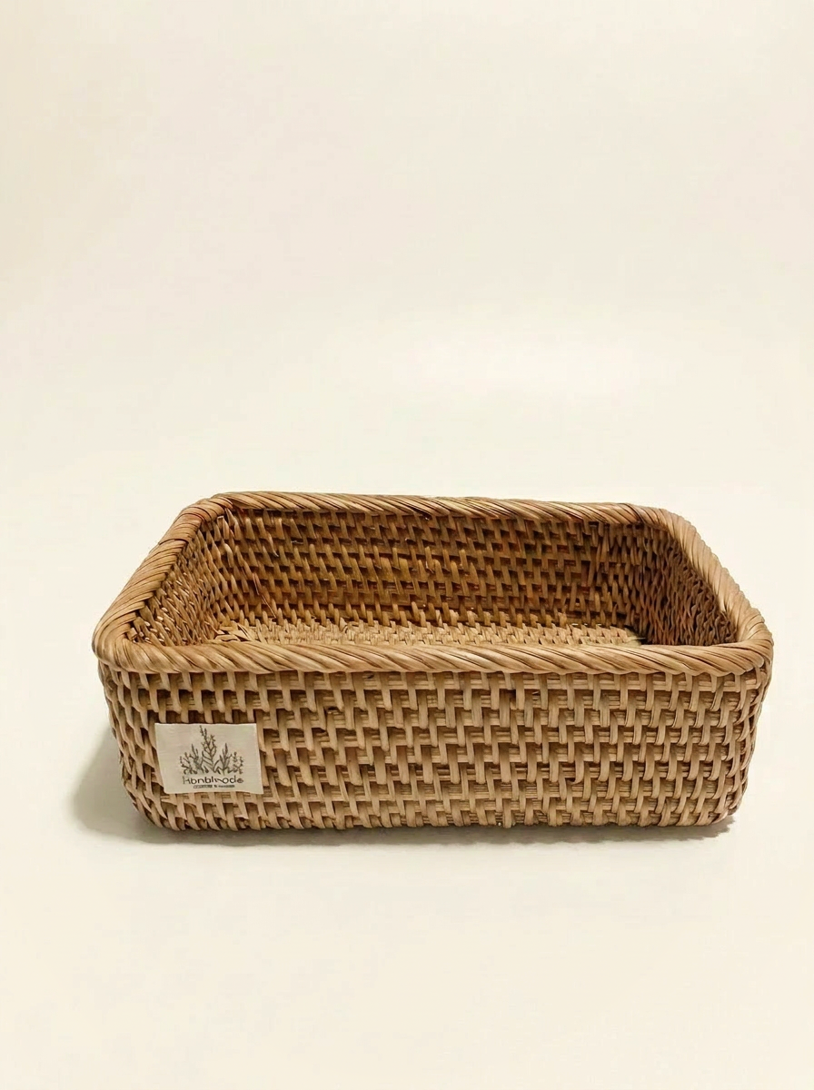 Handwoven Rattan Storage Basket & Tray Set | Desktop Organizer