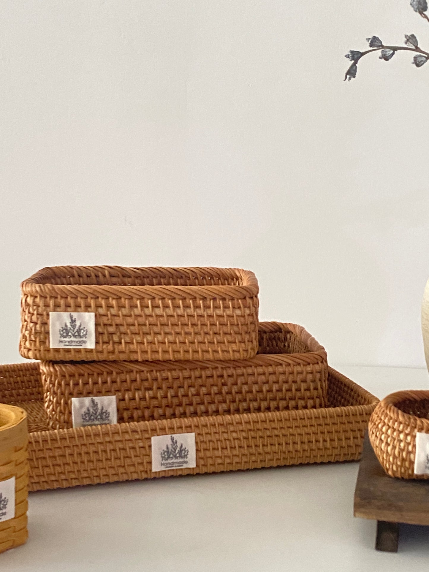 Handwoven Rattan Storage Basket & Tray Set | Desktop Organizer