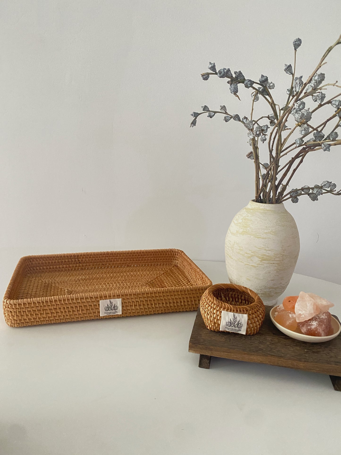 Handwoven Rattan Storage Basket & Tray Set | Desktop Organizer