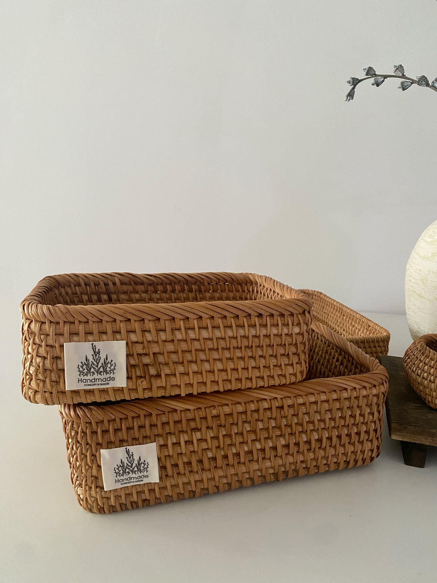 Handwoven Rattan Storage Basket & Tray Set | Desktop Organizer