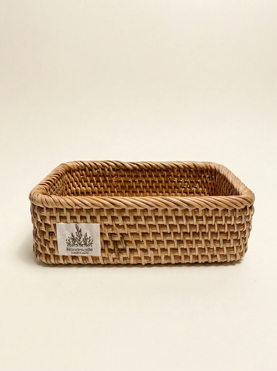 Handwoven Rattan Storage Basket & Tray Set | Desktop Organizer