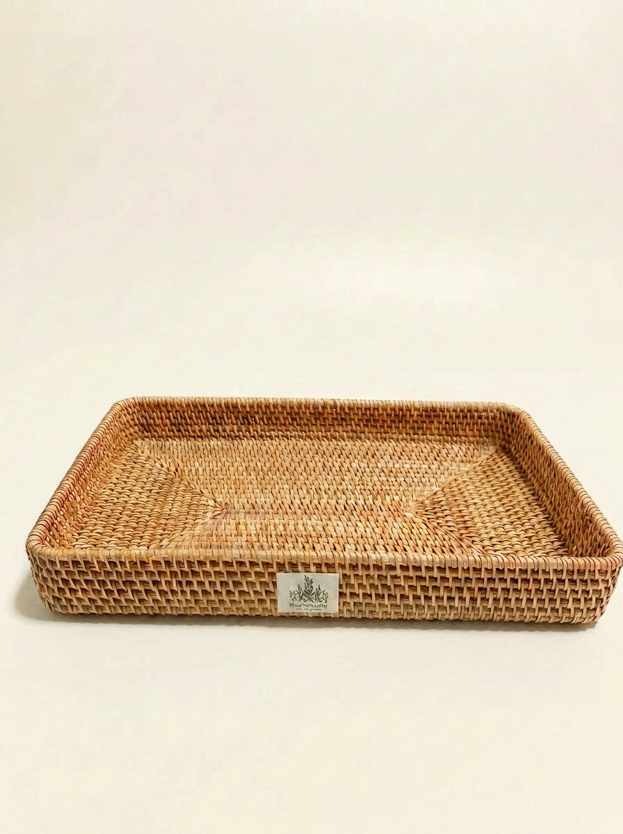 Handwoven Rattan Storage Basket & Tray Set | Desktop Organizer