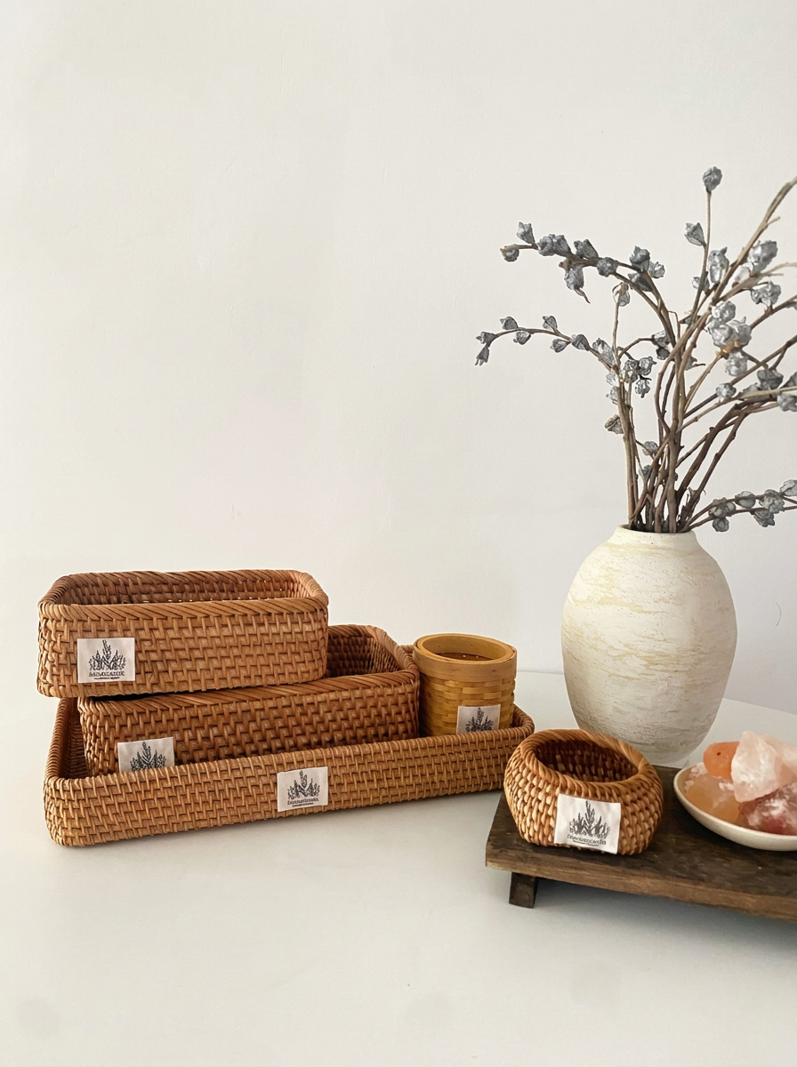 Handwoven Rattan Storage Basket & Tray Set | Desktop Organizer